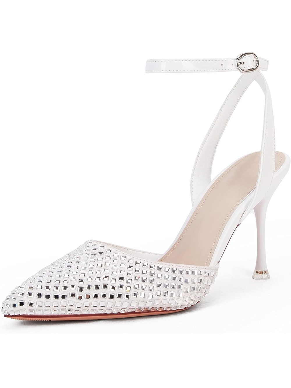 White Crystal Embellished Pointed-Toe Ankle-Strap Heels